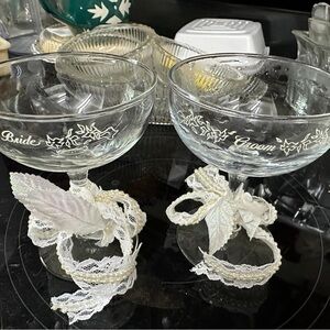 Bride and Groom Champagne Glasses with Lace